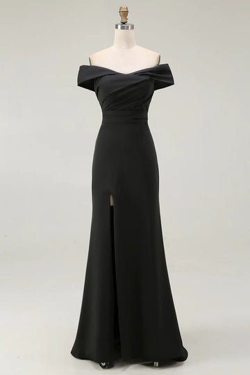 Black Satin Off the Shoulder Long Mermaid Formal Dress with Slit